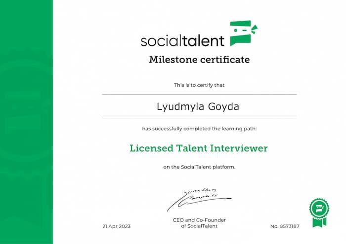 Сертифікат Socialtalent “Licensed Talent Interviewer”